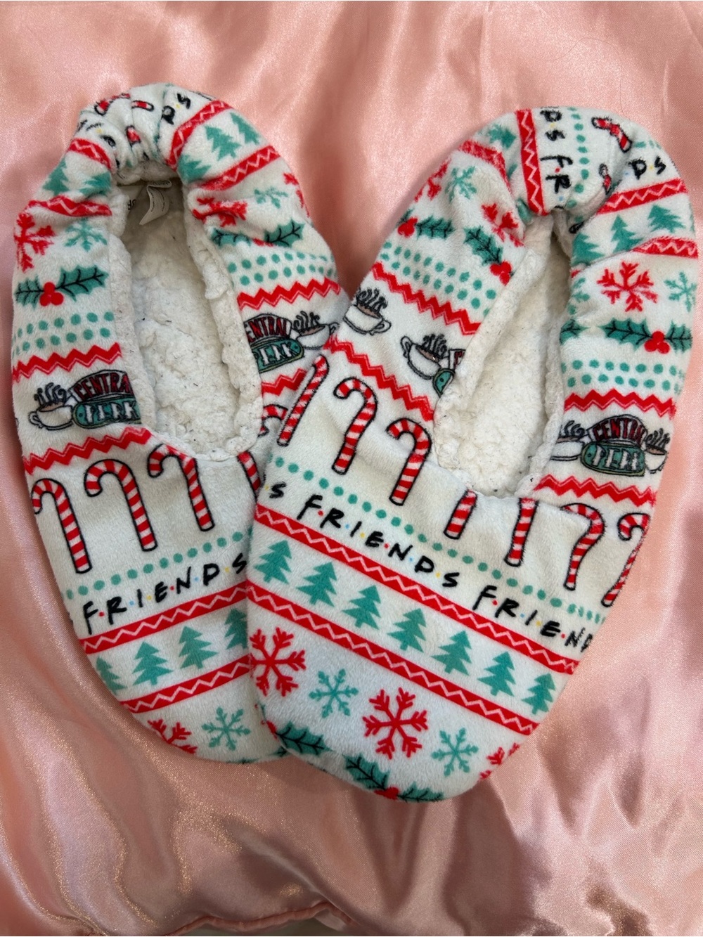 Women's Festive Friends, Candy Cane Plush Slippers - White/Red/Green